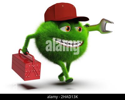 Grün pelzigen Monster als Handwerker mit Werkzeugkasten und Schraubenschlüssel, isoliert auf weißem Hintergrund, 3D Rendering Stockfoto