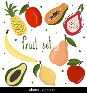 Fruit Set Banana Dragon Fruit Papaya Stock Vektor