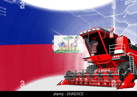 Digital Industrial 3D Illustration von Red Advanced Grain Combine Harvester auf Haiti Flagge - Agriculture Equipment Innovation Concept Stockfoto