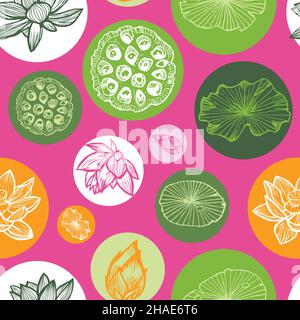 Vektor rosa bunte Lotus tropischen Blumen und Seerose Pads Samenkapseln in Kreisen wiederholen Muster. Geeignet für Textilien, Geschenkpapier und Tapeten. Stock Vektor