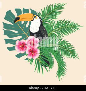 Cartoon Tukan Vogel mit tropischen Blättern Illustration. Stock Vektor