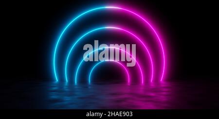 Modernes futuristisches abstraktes Blau, Rot und Rosa Neon leuchtende Lichtkreise Tunnel- oder Portalrahmen-Design im dunklen Raum-Hintergrund mit reflektierendem Boden, Stockfoto