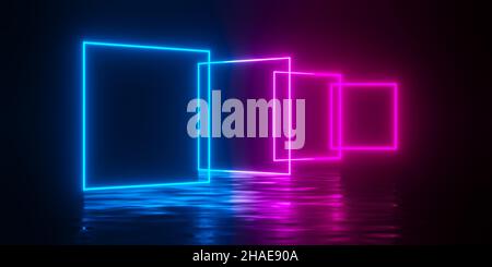Mehrere moderne futuristische abstrakte blaue, rote und pinke neon leuchtende Lichtquadrate, die im dunklen Raumhintergrund mit reflektierendem Boden versetzt sind, 3D illu Stockfoto