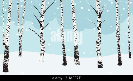 Verschneite Winterlandschaft mit blattlosen Birkenbäumen Illustration. Stock Vektor