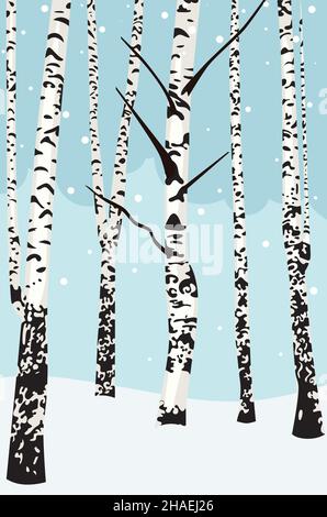 Verschneite Winterlandschaft mit blattlosen Birkenbäumen Illustration. Stock Vektor