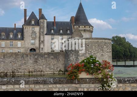 Blick über einen Graben auf ein altes Schloss mit schönen bunten Blumen im Vordergrund Stockfoto