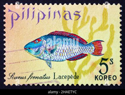 PHILIPPINEN - UM 1972: Eine auf den Philippinen gedruckte Marke zeigt Parrotfish, Scarus Frenatus, Fish, um 1972 Stockfoto