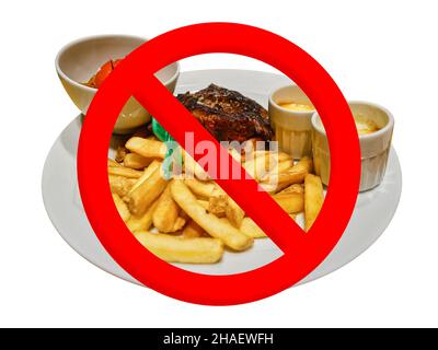 Kein Essen Junk Food super kalorische Zeichen auf weiß isoliert. Gesundheitskonzept Stockfoto