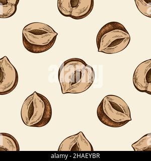 Nahtloses Muster mit handgezeichneter, farbiger Haselnuss Stock Vektor