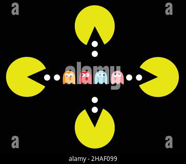 PAC-man umgibt seine Feinde. Retro-Spiel Thema Vektor Illustration. Computerspiel mit Figuren auf schwarzem Hintergrund isoliert Stock Vektor