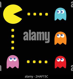 PAC-man mit seinen Feinden Vintage-Computerspiel-Thema, Vektor-Illustration. Retro-Computerspiel mit Pac-man-, Pinky-, Blinky-, Inky- und Clyde-Charakteren Stock Vektor