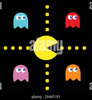 PAC-man mit seinen Feinden vintage Spiel Thema Vektor Illustration. Retro-Computerspiel mit Pac-man-, Pinky-, Blinky-, Inky- und Clyde-Charakteren Stock Vektor