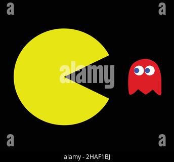 PAC-man-Illustration. Retro Computerspiel Vektor Illustration mit Pac-man und seinem Feind Stock Vektor