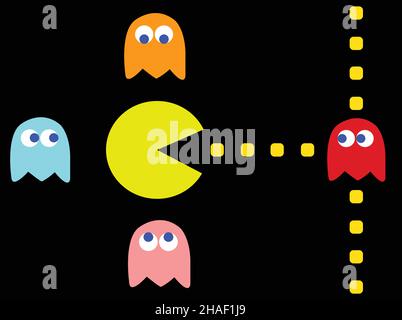 PAC-man-Vektorgrafik für Stau. Retro-Computerspiel mit Pac-man-, Pinky-, Blinky-, Inky- und Clyde-Charakteren Stock Vektor