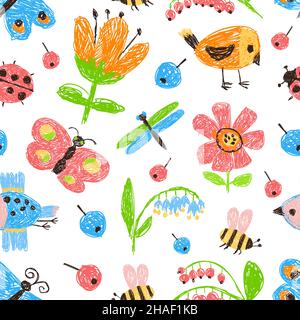 Kinder zeichnen nahtlose Muster. Bunte kindische Künste. Bunte Bleistift kritzelt Hintergrund. Kreativität im Vorschulalter. Sommer Natur. Blumen, Insekten und Stock Vektor