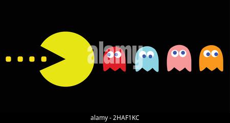 PAC-man Spiel Thema Vektor Illustration. Retro-Computerspiel mit Pac-man-, Pinky-, Blinky-, Inky- und Clyde-Charakteren Stock Vektor