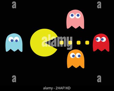 PAC-man Spiel Thema Vektor Illustration. Retro-Computerspiel mit Pac-man-, Pinky-, Blinky-, Inky- und Clyde-Charakteren Stock Vektor