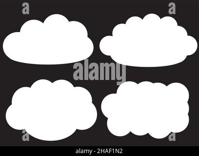 Wolkenvektorsymbole isoliert auf schwarzem Hintergrund, Wolkenformen Vektordarstellung gesetzt. Wettervorhersage, flauschige Wolken Zeichnung Stock Vektor