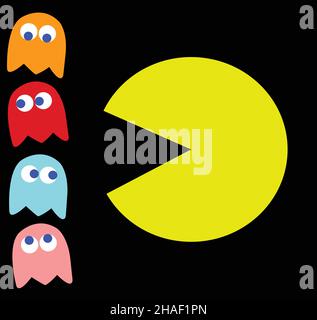 Vector Pac-man mit seinen Feinden, Retro-Spiel Thema Illustration. Computerspiel mit Figuren auf schwarzem Hintergrund isoliert Stock Vektor