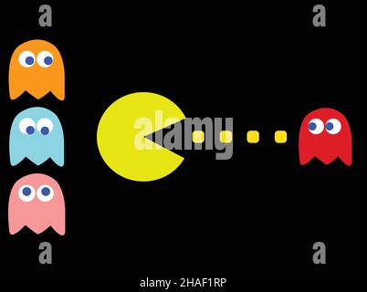 PAC-man Spiel Thema Vektor Illustration. Retro-Computerspiel mit Pac-man-, Pinky-, Blinky-, Inky- und Clyde-Charakteren Stock Vektor