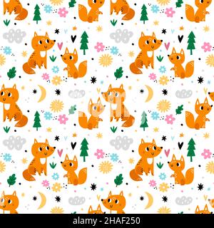 Nahtlose Mama und Baby Tiere. Schönes Happy Foxes Familienmotiv. Nette Mutter mit Jungen. Kindergarten lustige Hintergrund. Lustige Waldsäuger. Wolken und Stock Vektor