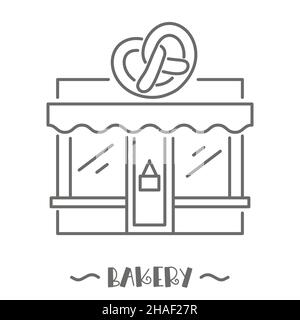Symbol des Bäckereihandbudes. Patisserie vorne mit Schild. Konditorei. Fassade des Marktes. Vektordarstellung. Stock Vektor