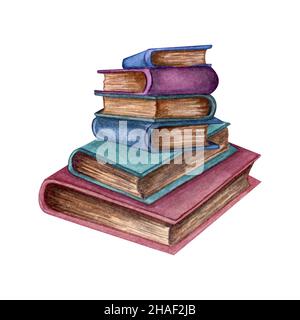 Aquarell-Illustration alter Bücher. Original handgezeichnete alte geschlossene Schulbücher. Schuldesign. Clipart-Elemente. Stockfoto