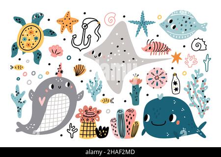 Niedliche Algen und Tiere. Lustige Ozeanbewohner, Unterwasserorganismen Leben, Kinder marine Flora und Fauna, Korallen und Meeresschwämme, kindische Marine Stock Vektor