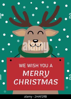 Niedliches Rentier mit weihnachtsbanner wünschen wir Ihnen eine fröhliche weihnachtsvektorillustration vertikal Stock Vektor