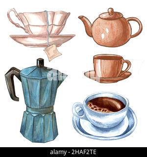 Aquarell-Frühstücksset, Tasse Tee, Teekocher, Kaffeemaschine, Tasse und Kaffee isoliert auf weißem Hintergrund. Stockfoto