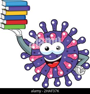 Cartoon Maskottchen Charakter Virus oder Bakterium hält Haufen von Büchern Bildung Wissenschaft isoliert Vektor Illustration. Stock Vektor