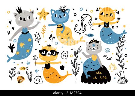 Meerjungfrauen Katzen. Niedliche kleine Meeresfiguren mit Katzenköpfen und Fischschwänzen, Meerestieren, fabelhaften magischen Kreaturen, Unterwasserfee, Doodle Stock Vektor