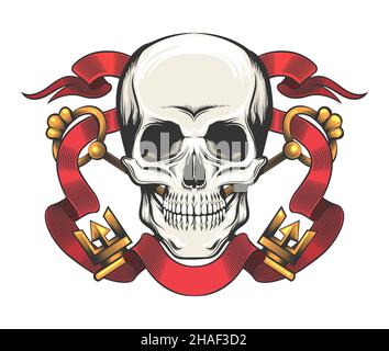 Tattoo of Skull mit goldenen Schlüsseln und rotem Band. Esoterisches Symbol Zerbrechlichkeit der Existenz isoliert auf weiß. Vektorgrafik. Stock Vektor
