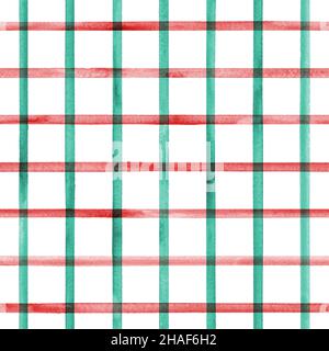 Aquarell gestreift, Nahtloses Karo-Muster. Rote und grüne Streifen auf weißem Hintergrund. Aquarell, handgezeichnet, gestreifte Struktur. Druck für Stoffdesign, t Stockfoto