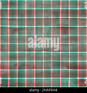 Aquarell gestreift, Nahtloses Karo-Muster. Rote und grüne Streifen auf weißem Hintergrund. Aquarell, handgezeichnet, gestreifte Struktur. Druck für Stoffdesign, t Stockfoto