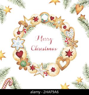 Fröhliche Weihnachten quadratische Grußkarte mit Aquarell Lebkuchen, Kiefernzweige und süße Festtagskränze, einschließlich rund, Herz, Stern Stockfoto