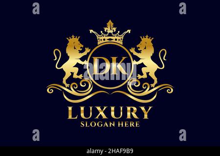 DK Letter Lion Royal Luxury Logo-Vorlage in Vektorgrafik für luxuriöse Branding-Projekte und andere Vektorgrafik. Stock Vektor