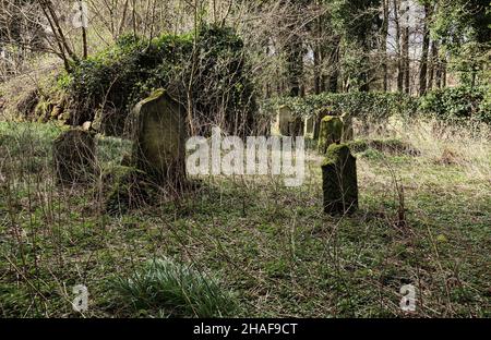 Alte moosige Gräber auf einem verlassenen Friedhof Stockfoto