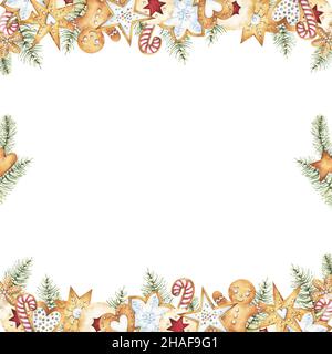Weihnachten und Neujahr Urlaub quadratischen Rahmen-Design mit handbemalten Aquarell Lebkuchen Cookies, in verschiedenen Formen einschließlich Lebkuchen Mann Stockfoto