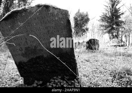 Alte moosige Gräber auf einem verlassenen Friedhof in schwarz-weiß Stockfoto