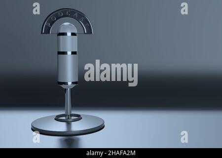 Kondensatormikrofon mit Podcast-Schild auf dunklem Hintergrund mit Kopierplatz. 3D Abbildung. Stockfoto