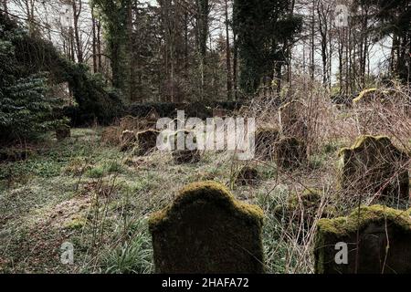 Alte moosige Gräber auf einem verlassenen Friedhof Stockfoto