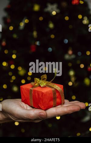 Eine elegante rote Geschenkbox mit goldenem Band in der Hand eines Mannes auf dem Hintergrund eines Weihnachtsbaums mit Girlanden. Angenehme Ferien Überraschungen und Geschenke. Stockfoto