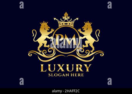 PM Letter Lion Royal Luxury Logo-Vorlage in Vektorgrafik für luxuriöse Branding-Projekte und andere Vektorgrafik. Stock Vektor