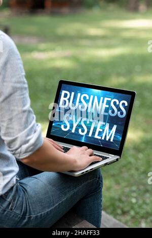 Text mit Inspiration Business System. Wort geschrieben über Eine Methode zur Analyse der Informationen von Organisationen Frau tippen auf Laptop sitzend Stockfoto