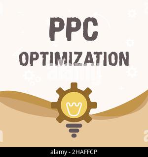 Handschrift Text PPC Optimierung. Konzeptionelles Foto Verbesserung der Suchmaschinen-Plattform für Pay per Click beleuchtete Glühlampe mit Getriebegehäuse Stockfoto