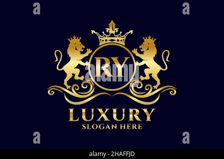 RY Letter Lion Royal Luxury Logo-Vorlage in Vektorgrafik für luxuriöse Branding-Projekte und andere Vektorgrafik. Stock Vektor