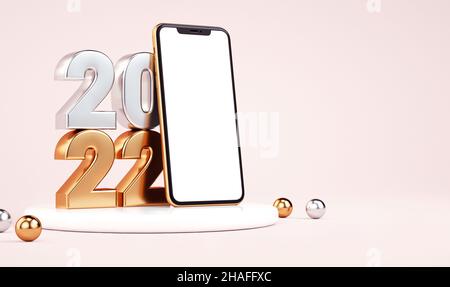 2022 Neujahr Handy leeren Bildschirm Mockup auf einem Podium mit goldenen und silbernen metallischen Zahlen. Hintergrund der Illustration für Banner oder Flye Stockfoto