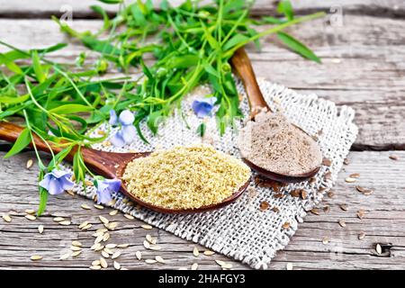 Leinenkleie und Mehl in zwei Löffeln auf einer Sackleinen-Serviette, Leinenblätter und Blumen auf dem Hintergrund eines alten Holzbretts Stockfoto