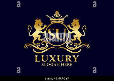 SU Letter Lion Royal Luxury Logo-Vorlage in Vektorgrafik für luxuriöse Branding-Projekte und andere Vektorgrafik. Stock Vektor